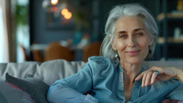 Smiling woman with grey hair in blue shirt relaxing on sofa at home.
