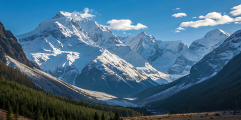 Obraz premium Summer view of high Swiss Alps peaks with green valleys, bright sky, and scattered clouds