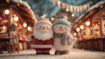 Santa Claus and snowman standing together at Christmas market in winter evening - Powered by Adobe