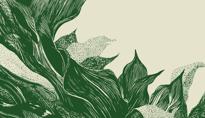 Hand-drawn botanical illustration featuring dark green, detailed leaves with woodcut-style lines and stipple texture on a cream background. Organic, high-contrast tropical or natural design element. © LineHarvest 