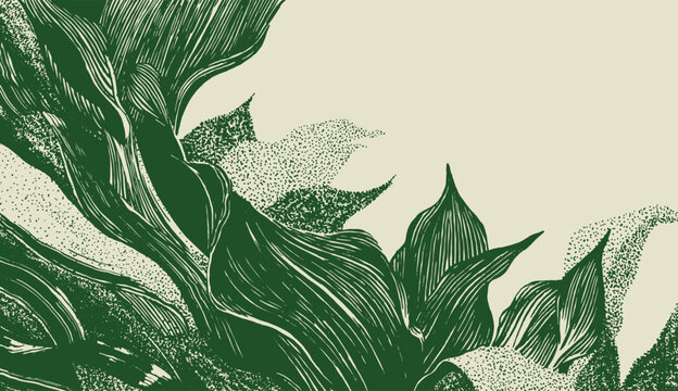 Hand-drawn botanical illustration featuring dark green, detailed leaves with woodcut-style lines and stipple texture on a cream background. Organic, high-contrast tropical or natural design element.