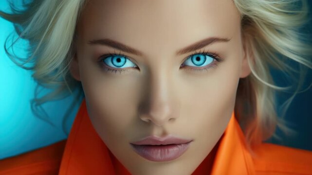 This captures a moment of quiet reflection on a woman with striking blue eyes. Her thoughtful gaze and gentle features make this a compelling portrait.