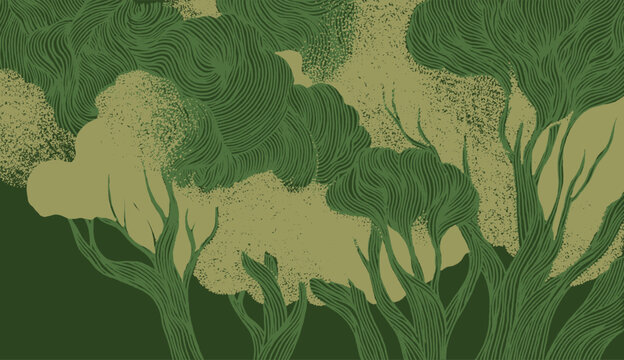 Layered hand-drawn forest illustration in deep and pale green tones. Features dark tree trunks with textured wood grain and light foliage with stipple texture, creating a rich, organic nature backgrou