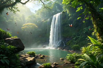 Beautiful waterfall flowing through a lush green forest