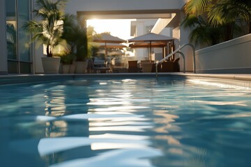 Sun-drenched luxury pool with palm trees and lounge chairs at sunset