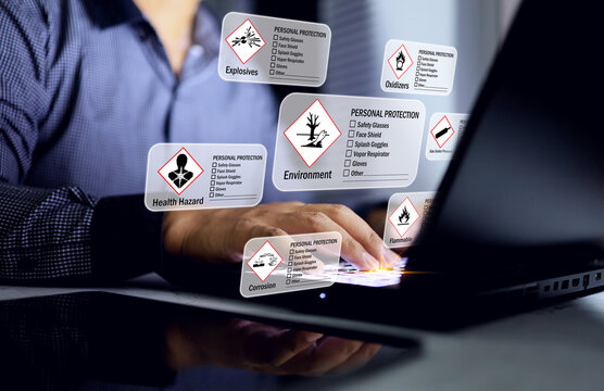 MSDS material safety data sheet concept with a staff working on laptop to prepare hazard data or information for environmental effect, inhalation respiratory toxic chemical on laptop screen