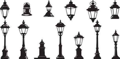 Vintage street lamp silhouettes set with classic lantern posts, hanging lights and old town lighting icons