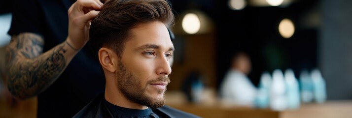 Young caucasian male getting hair styled in modern salon setting