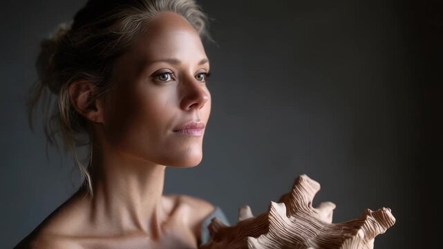 A woman in profile looks to the right, holding a large, textured seashell against her shoulder.