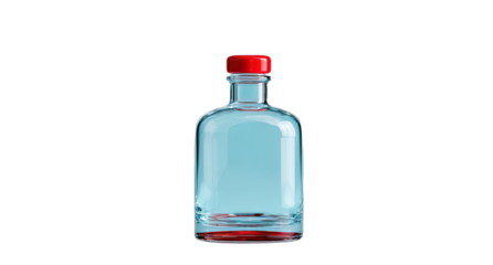 Clear glass bottle with red cap and blue-tinted liquid against a black background
