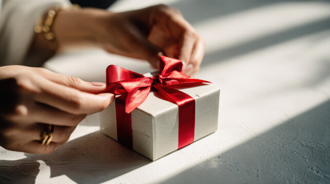 Close-up of hands tying red satin ribbon on white gift box in warm sunlight, elegant holiday present concept symbolizing giving, celebration and festive moments