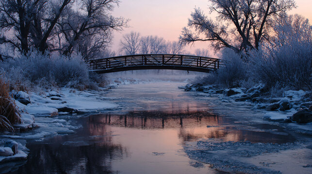 Christmas icy bridge over frozen river at dusk 