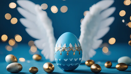 Colorful blue egg with angel wings and scattered golden eggs on a festive background Generative AI