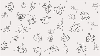 Doodle christmas pattern on 4k animation featured black lineal icon of christmas tree, stars and other. Looping animation for winter holiday background or video presentation - Powered by Adobe