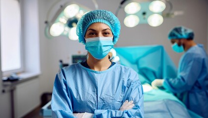 Portrait of female surgical technician assisting during the surgery in operating room.