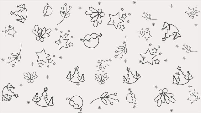 Doodle christmas pattern on 4k animation featured black lineal icon of christmas tree, stars and other. Looping animation for winter holiday background or video presentation
