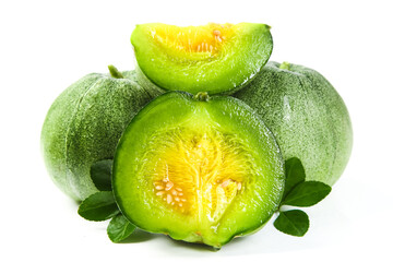 Fresh Green Melons Cut in Half on White Background - Healthy Fruit Nutrition