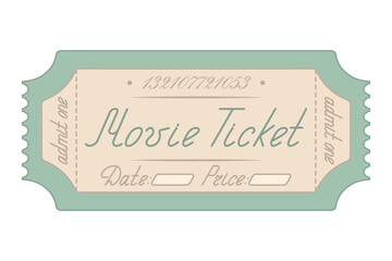 Movie. Green ticket admit one. Date and price are indicated. Handwritten lettering with a capital letter. Color vector illustration. Tear-off ticket with a number. Isolated on white background. 