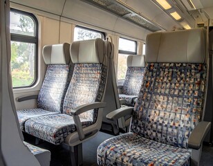 Interior view of train carriage with patterned seats and windows