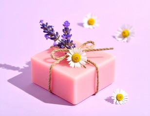 Pink soap adorned with lavender & daisy on lilac background