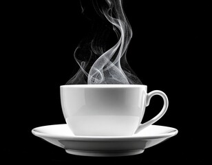 Steaming white cup on saucer against black backdrop