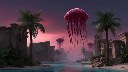 Glowing Fantasy Mushrooms In Enchanted Purple Forest By Water. Bioluminescent Landscape With Boat And Magical Lighting For Dream, Mystery Visuals