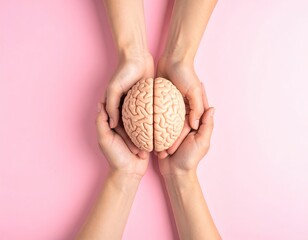 Brain model held gently in two pairs of hands, pink backdrop