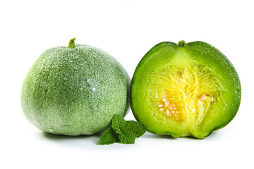 Fresh Shandong Winter Melon Whole and Half Cut with Mint on White Background