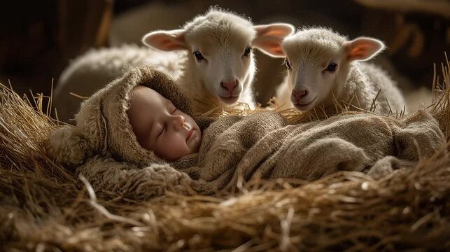 Newborn jesus in manger peaceful holy night scene with sleeping baby and sheep in darkness