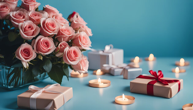 Celebrating love with pink roses, candles, and beautifully wrapped gifts on a blue table Generative AI
