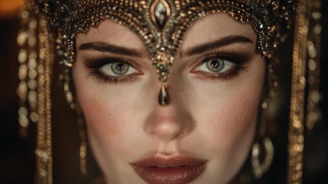 Close-up of a woman with blue eyes wearing an ornate gold headpiece and jewelry, bold makeup and a jeweled forehead ornament.