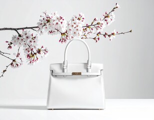 Chic white purse with blooming cherry blossom branch