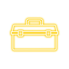 Yellow neon-style illustration of a closed toolbox with a handle, clasps, and rectangular shape, isolated on a white background.