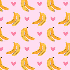 Seamless pattern with bananas and hearts on a pink background, fruit design.