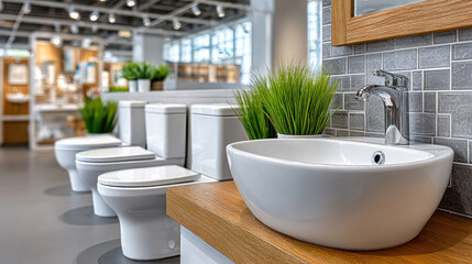 modern toilet models in plumbing department showroom of construction hypermarket, white ceramic surfaces in premium products area