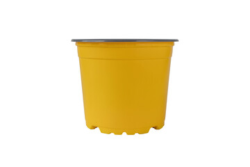 Bright yellow flower pot isolated transparent png. Plastic garden container