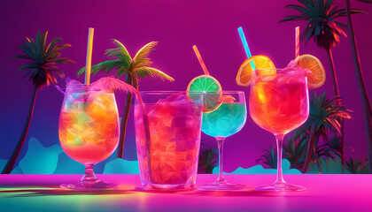 Colorful tropical cocktails on a vibrant bar counter with palm trees in the background during sunset Generative AI