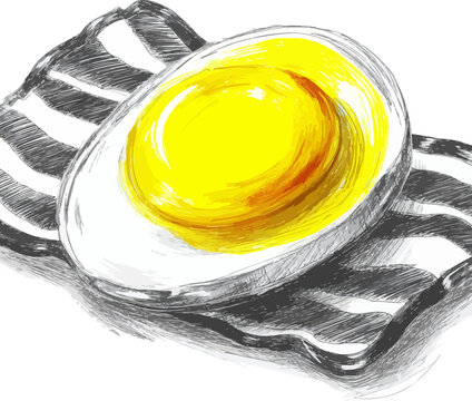 Hand-drawn sliced hard-boiled egg, vibrant yellow yolk, on monochrome bacon, transparent PNG breakfast icon.