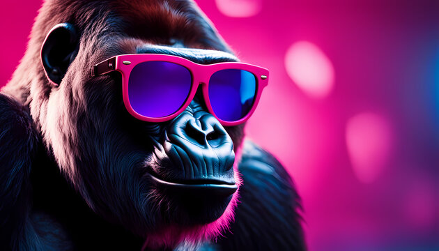 Gorilla wearing stylish sunglasses poses with a vibrant background filled with bright colors and abstract shapes Generative AI