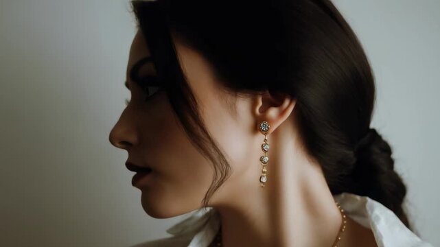 Close-up of a woman wearing a delicate gold layered necklace and matching drop earrings, paired with a white shirt.