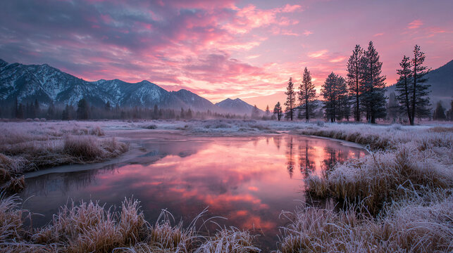 Christmas icy meadow reflecting pink sunrise - Powered by Adobe