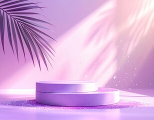 Round lilac pedestal, palm shadow, soft light, dreamy