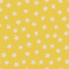 Seamless vector pattern with simple white stars on yellow background. Minimal modern design for wrapping, textiles, and wallpapers.