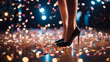 Elegant heels shine on a festive dance floor covered in colorful confetti during a lively celebration at night Generative AI