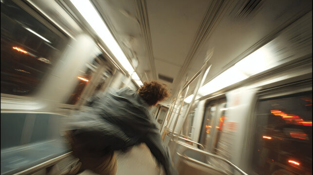 Man stumbling inside a fast-moving subway train with motion blur