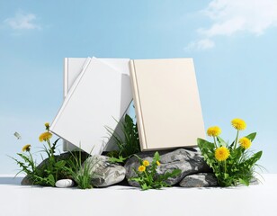 Books on rocks, spring setting, with dandelions and blue sky