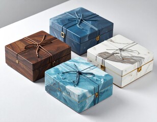 Four decorative boxes tied with string on a bright white table