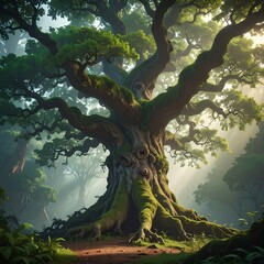 Large, ancient tree with sprawling branches in a misty forest