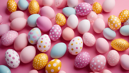 Colorful decorative eggs scattered on a pastel pink surface for spring celebrations and holiday festivities Generative AI
