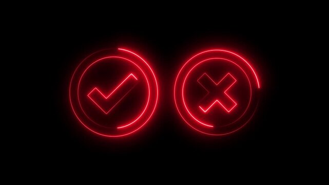 glowing neon red checkmark icon animation with black background, checkmark animation video, red checkmark animation
